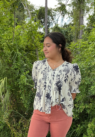 Entro Ivory & Navy Floral Smock Pintuck Top