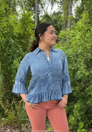 Origami Chambray Ruffles 3/4 Slv Shacket Top