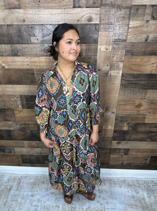 Umgee Brown Mandala Mix Tiered Midi Dress