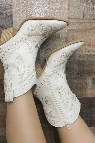 Lets Go Girls Ivory Embroidered Booties