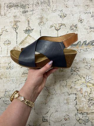 Comfortiva - Eva Navy Italian Leather Criss Cross Wedge Sandals