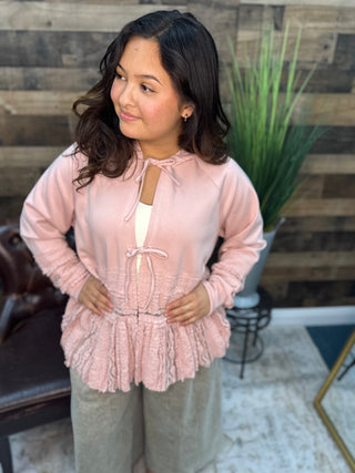 Blush Pink Lace Contrast Front Tie Hooded Jacket Oversized