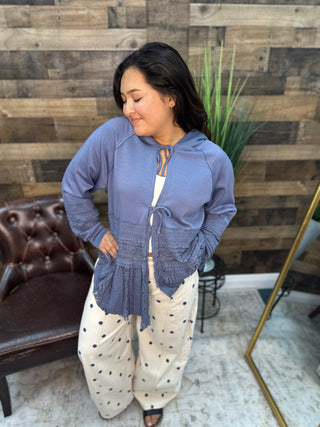 Wedgewood Blue Lace Contrast Front Tie Hooded Jacket Oversized