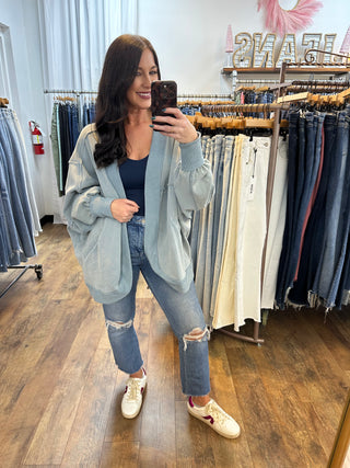 Fantastic Fawn Dusty Blue French Terry Oversized Cardigan