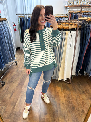 Peach Love Cream & Green Stripe Contrast Placket Sweatshirt