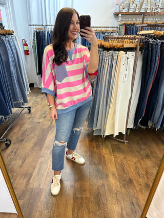 Fantastic Fawn Pink & Taupe Stripe Color Block Easy Pullover