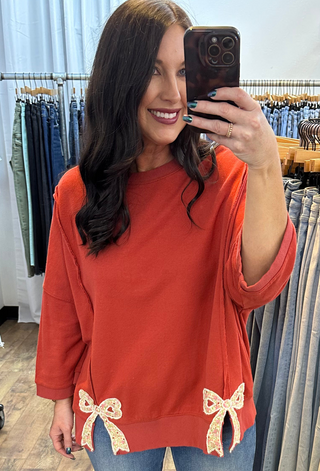 Easel Boho Red Bow Patch Hem Long Slv Top