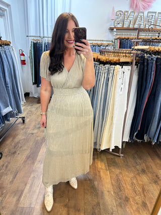 Champagne Metallic Pleated Ruffle Midi Dress