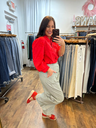 Jodifl Red Embroidered Flower Top w/ Ruffle Neck