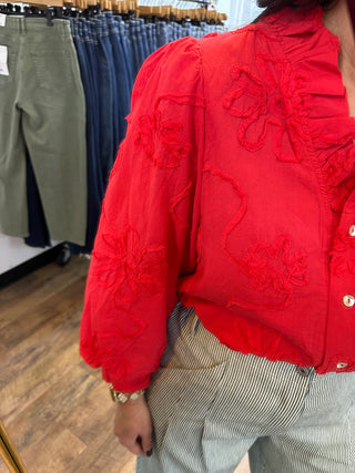 Jodifl Red Embroidered Flower Top w/ Ruffle Neck