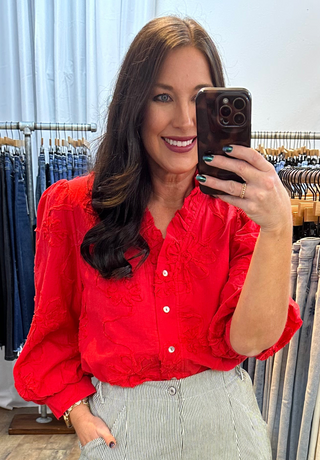 Jodifl Red Embroidered Flower Top w/ Ruffle Neck