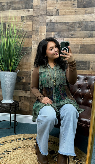 Boho Chic Basil Green Patchwork Button Down Sleeveless Top