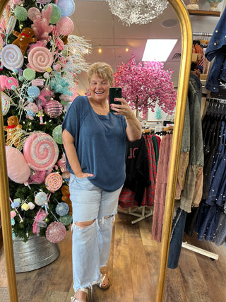 Navy Ribbed Dolman Short Sleeve Top