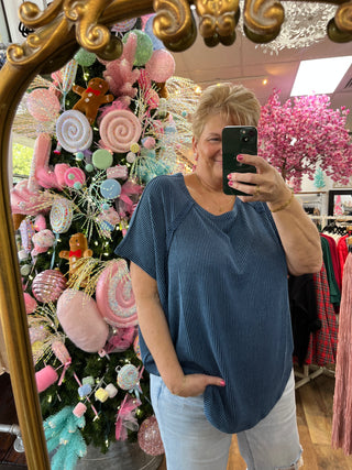 Navy Ribbed Dolman Short Sleeve Top