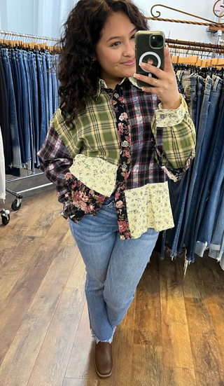 POL Olive & Black Floral Ruffle Button Front Long Slv Top