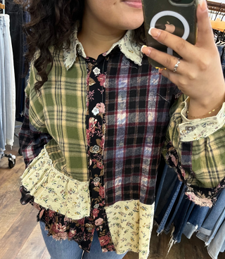 POL Olive & Black Floral Ruffle Button Front Long Slv Top