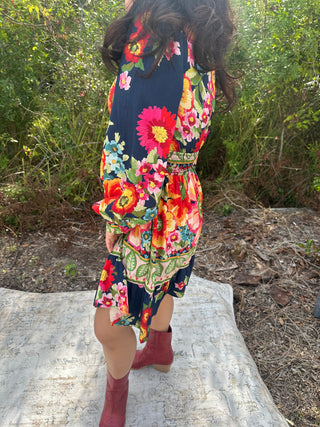 Oddi Navy Floral Border Printed Dress w/ Smocked Waist & Balloon Sleeves