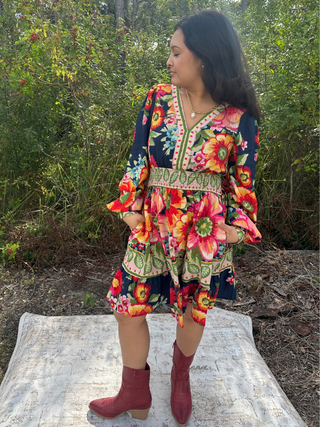 Oddi Navy Floral Border Printed Dress w/ Smocked Waist & Balloon Sleeves