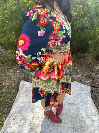 Oddi Navy Floral Border Printed Dress w/ Smocked Waist & Balloon Sleeves