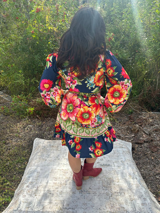 Oddi Navy Floral Border Printed Dress w/ Smocked Waist & Balloon Sleeves