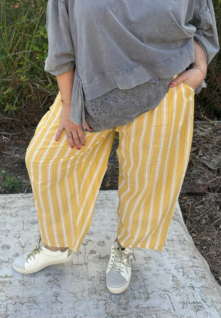 Oddi Yellow Striped Relaxed Fit Cotton Pants
