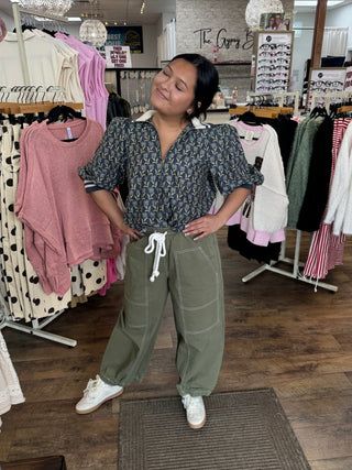 Entro Midnight Blue Floral Print Half Zip Top