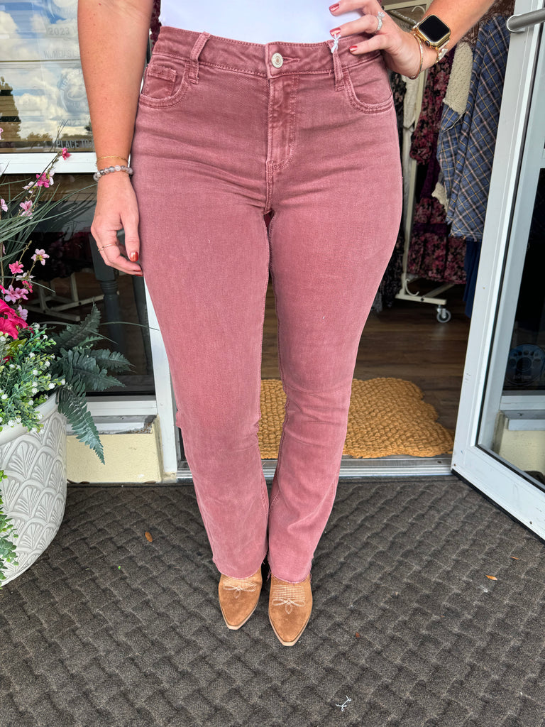 Lovervet - LV1254WI Dusty Mauve Mid Rise Bootcut Jeans - The Gypsy Belle Boutique