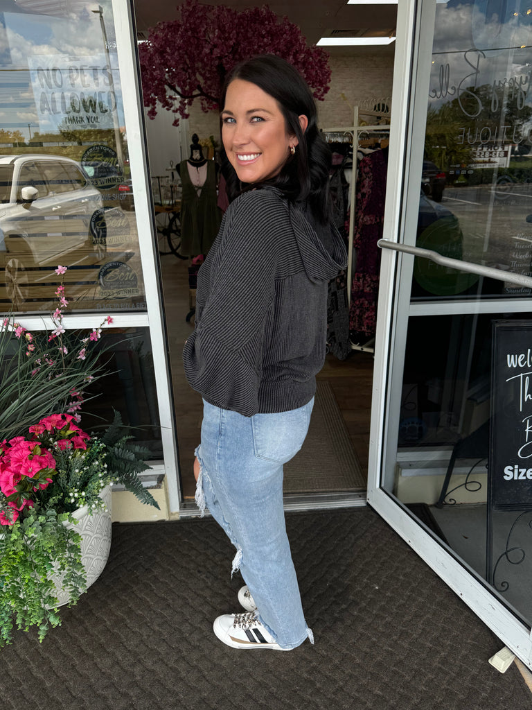 PS Kate - Charcoal Comfy Cord 3/4 Zip Up Top - The Gypsy Belle Boutique