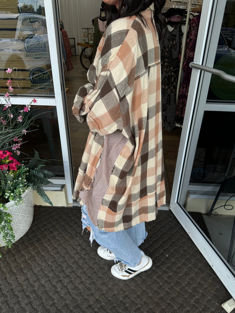 Easel - Chocolate & Blush Plaid Oversized Shirt Dress - The Gypsy Belle Boutique