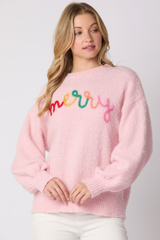 “Merry” Lt Pink & Multicolor Sweatshirt Top - The Gypsy Belle Boutique