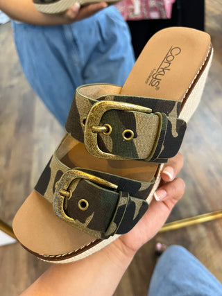 Corkys Manifest Camo Double Buckle Wedge Sandal