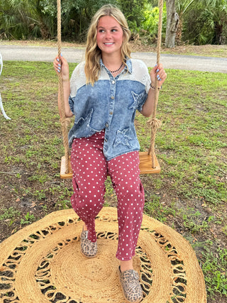 Moxie Dots BURGUNDY Gypsy Fit Barrel Pants
