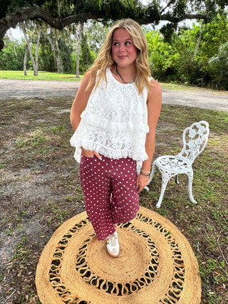 Moxie Dots BURGUNDY Gypsy Fit Barrel Pants
