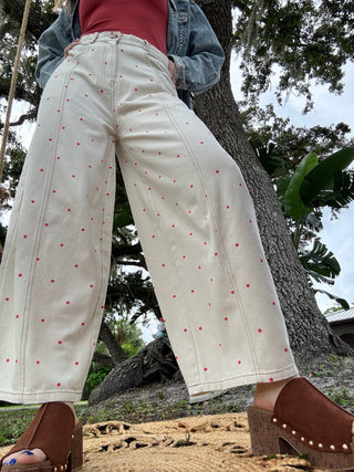 Ivory & Coral Polka Dot Gypsy Fit Pants
