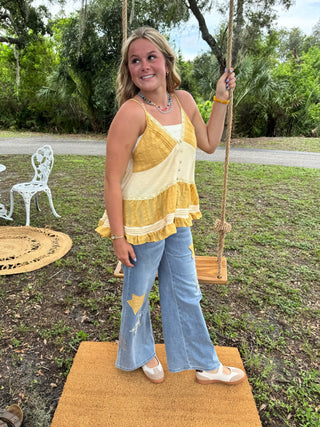 Alternate view of Easel Gold Star Washed Denim Patchwork Pants
