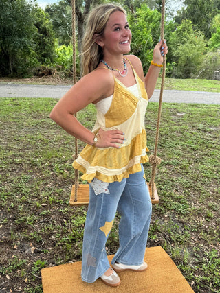 Alternate view of Easel Gold Star Washed Denim Patchwork Pants
