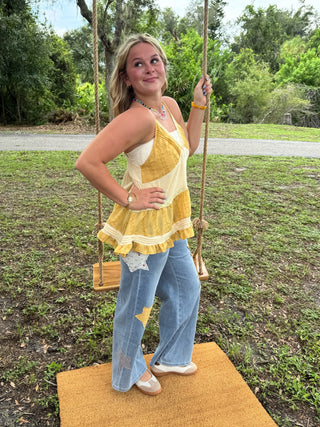 Alternate view of Easel Gold Star Washed Denim Patchwork Pants
