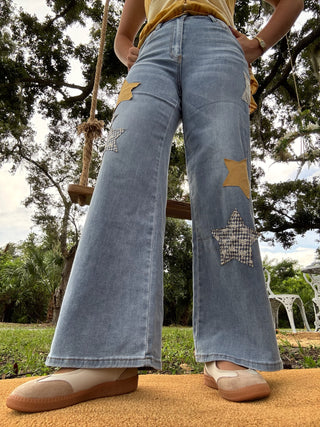 Easel Gold Star Washed Denim Patchwork Pants
