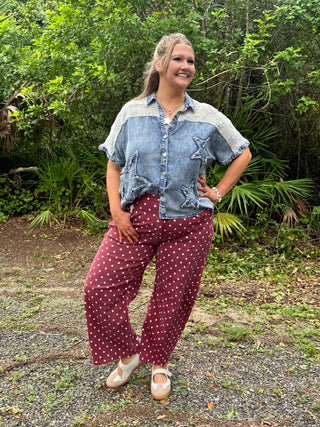 Moxie Dots BURGUNDY Gypsy Fit Barrel Pants
