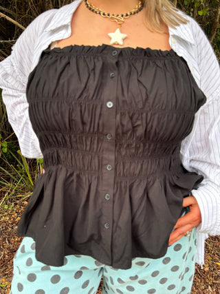 Black Linen Blend Wide Smocked Layering Top
