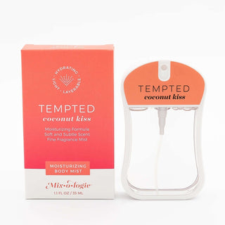 Moisturizing TEMPTED Coconut Kiss Mixologie Body Mist - refreshing tropical scent in a sleek turquoise bottle.