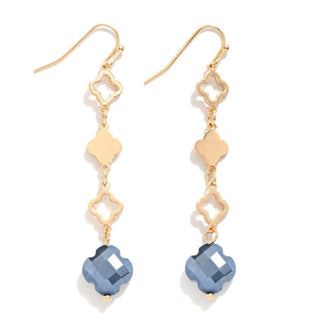 Gold Clover Black Bead Drop Earrings with elegant design on white background, perfect for adding a chic touch to any outfit.