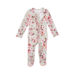 Posh Peanut Millicent Ruffled Footie One Piece in vibrant floral design, perfect for cozy and stylish baby wear.