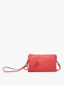 Coral crossbody faux leather organizer purse with multiple pockets, featuring a sleek and elegant design for stylish organization.