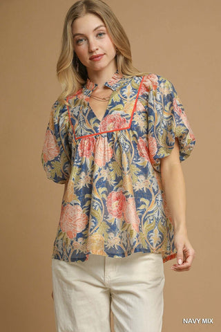 Umgee Blue Floral Peasant Top with Puff Sleeves - Stylish, Bohemian, Lightweight Women's Blouse for a Chic Casual Look.
