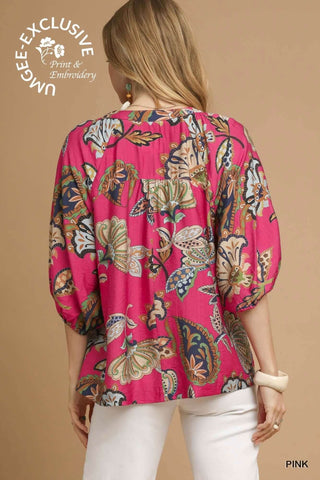 Pink & Navy Paisley Puff Sleeve Top by Umgee featuring intricate patterns on a soft, flowy fabric for a chic, boho look.