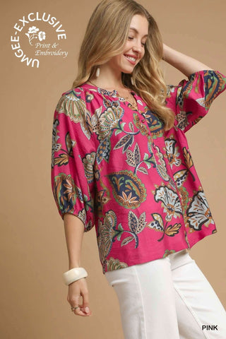 Pink & Navy Paisley Puff Sleeve Top by Umgee on Hanger Featuring Elegant Print and Stylish Design