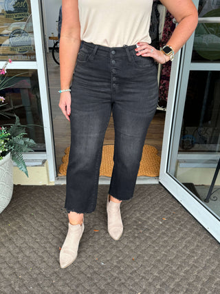 Alt text: "Judy Blue 88829 Black High Waist Distressed Crop Jeans - Stylish and trendy women's denim with a modern look.