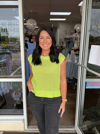 Entro Lime Sleeveless Open Knit Sweater Top on Sale - Stylish summer fashion with unique knit design.
