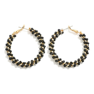 Elegant Black Bead & Rhinestone Spiral Hoop Earrings, perfect for adding sparkle and sophistication to any outfit.